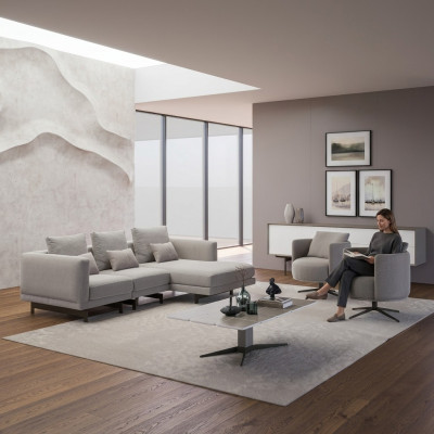 Luxus Komplett 4-deelege Ecksofa L-Form Designer 2x Fauteuil Holz Dësch Neu.