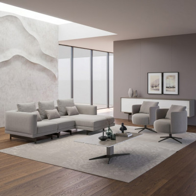 Luxus Komplett 4-deelege Ecksofa L-Form Designer 2x Fauteuil Holz Dësch Neu.