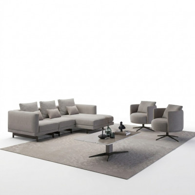 Luxus Komplett 4-deelege Ecksofa L-Form Designer 2x Fauteuil Holz Dësch Neu.