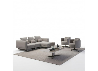 Luxus Komplett 4-deelege Ecksofa L-Form Designer 2x Fauteuil Holz Dësch Neu.