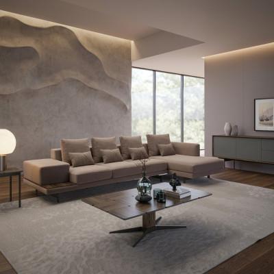 Wunnzëmmer Set 3-Teileck Garnitur Sofa Couch L-Form Holz Couchtisch