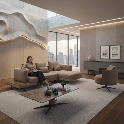 Wunnzëmmer Set Sofagarnitur Sofa Canapé L-Form Fotell Holz Dësch