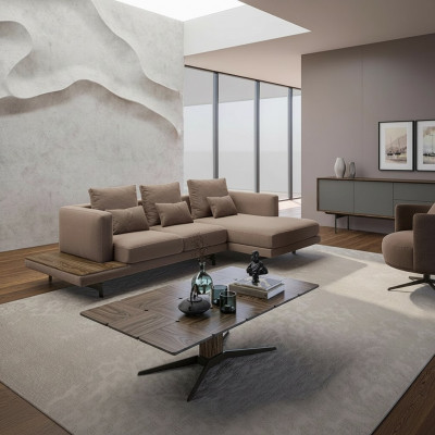 Wunnzëmmer Set Sofagarnitur Sofa Canapé L-Form Fotell Holz Dësch