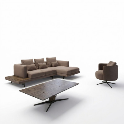 Wunnzëmmer Set Sofagarnitur Sofa Canapé L-Form Fotell Holz Dësch