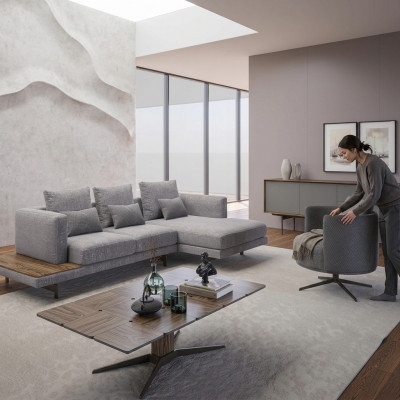Sofasett Wunnzëmmer Set 3tlg Gepolstert Möbel Wénkelssofa Fauteuil Holz Dësch.