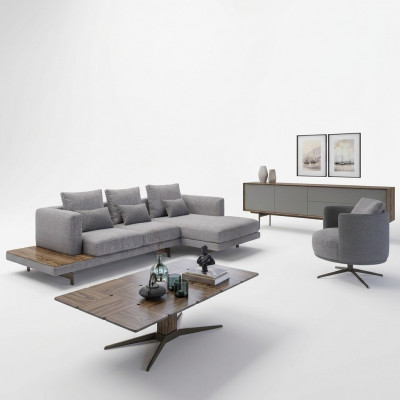 Sofasett Wunnzëmmer Set 3tlg Gepolstert Möbel Wénkelssofa Fauteuil Holz Dësch.