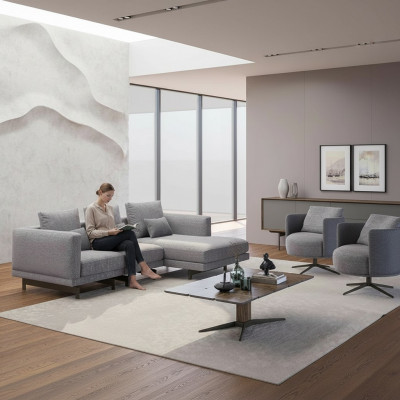 Wunnzëmmer Komplett 4 Deeler 2x Sessel mat Ecksofa L-Form Designer Holz Couchtisch