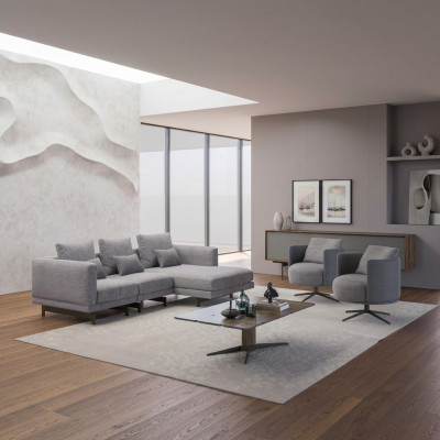 Wunnzëmmer Komplett 4 Deeler 2x Sessel mat Ecksofa L-Form Designer Holz Couchtisch