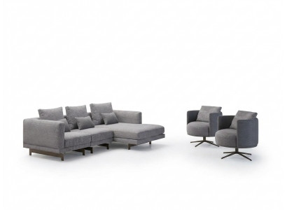 Wunnzëmmer Komplett 4 Deeler 2x Sessel mat Ecksofa L-Form Designer Holz Couchtisch