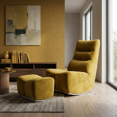 Luxus Giel Komplett Fauteuil mat Pouf Sëtzmöbel Wunnzëmmer Designer Textil