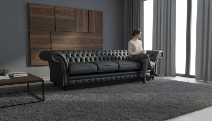 Wunnzëmmer Chesterfield Schwaarzt Sofa Véierseetzer Modern Ariichtung Nei