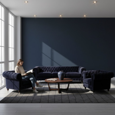 Luxus Canapé-Set Wunnzëmmer 3-Teile Set Ariichtung Gestofféiert Miwwelen Chesterfield
