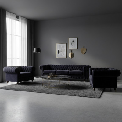 Luxus Canapé-Set Wunnzëmmer 3-Teile Set Ariichtung Gestofféiert Miwwelen Chesterfield