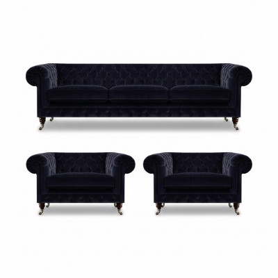 Luxus Canapé-Set Wunnzëmmer 3-Teile Set Ariichtung Gestofféiert Miwwelen Chesterfield