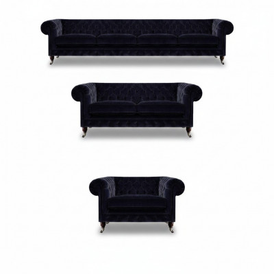 Komplett Wunnzëmmer Blo Véiersëtzer mat Zweesëtzer Sofaen Nei Sesseln Chesterfield