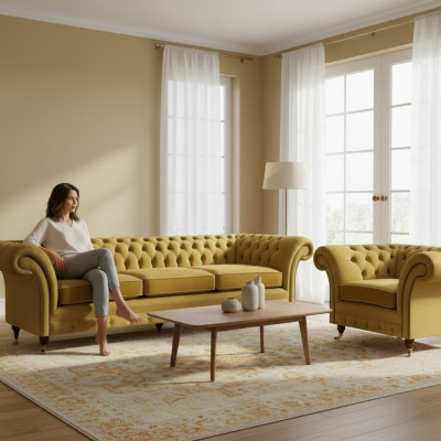 Chesterfield Luxus Set Polstersëtz Sofa Dräisëtzer mat Sëtzgebitt Wunnzëmmer