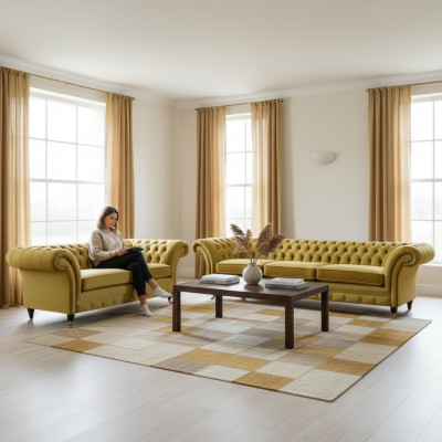 Wunnzëmmer Modern Chesterfield Dräisëtzer mat Zwéisëtzer Sofaen Sofagarnitur