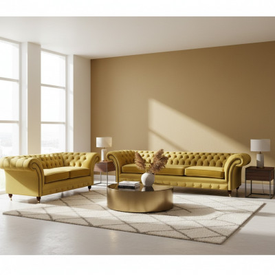 Wunnzëmmer Modern Chesterfield Dräisëtzer mat Zwéisëtzer Sofaen Sofagarnitur