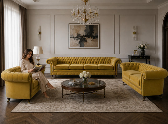 Luxus Giel Chesterfield Sofas Wunnzëmmer Set 3 Stéck Sëtz Modern Gepolstert Miwwelen