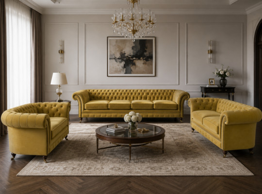 Luxus Giel Chesterfield Sofas Wunnzëmmer Set 3 Stéck Sëtz Modern Gepolstert Miwwelen