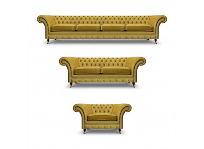 Luxus Giel Chesterfield Sofas Wunnzëmmer Set 3 Stéck Sëtz Modern Gepolstert Miwwelen