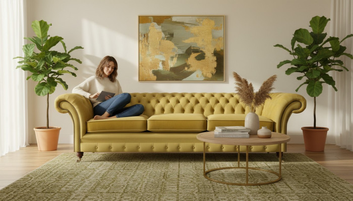 Chesterfield Neie Luxus Canapé Dräisëtzer Polstermöbel Modern Giel Textil