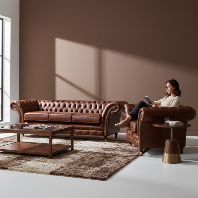 Brong Set 2dëlg Dräisëtzer Canapé Lieder Fautel Chesterfield Wunnzëmmer