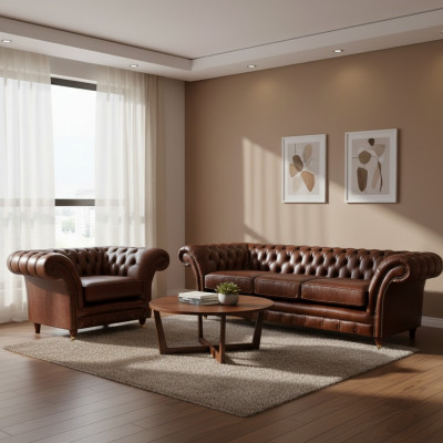 Brong Set 2dëlg Dräisëtzer Canapé Lieder Fautel Chesterfield Wunnzëmmer