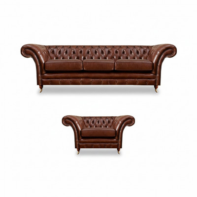 Brong Set 2dëlg Dräisëtzer Canapé Lieder Fautel Chesterfield Wunnzëmmer