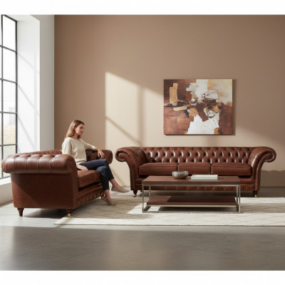 Wunnzëmmer Nei Garnitur Chesterfield Sofas Couch Drësëtzer mat Zwesëtzer