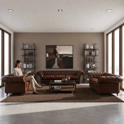 Neien Set 3-Stéck Wunnzëmmer Chesterfield Sofas Polstermiedelen Sesselen Ariichtung