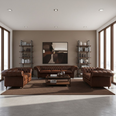 Neien Set 3-Stéck Wunnzëmmer Chesterfield Sofas Polstermiedelen Sesselen Ariichtung