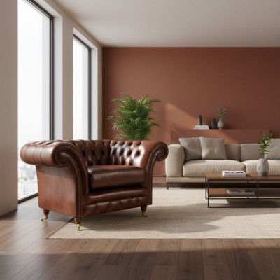 Wunnzëmmer Fotell Braun Chesterfield Ariichtung Couch Polstersëtz Nei