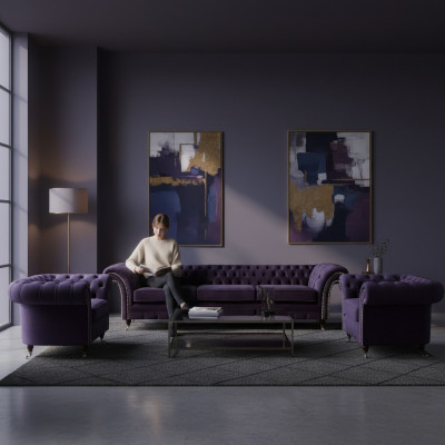 Wunnzëmmer Luxus Set 3 Stéck Ariichtung Lila Komplett Polstermöbel Chesterfield