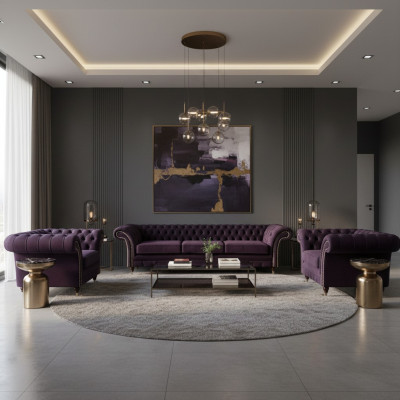 Wunnzëmmer Luxus Set 3 Stéck Ariichtung Lila Komplett Polstermöbel Chesterfield