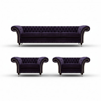 Wunnzëmmer Luxus Set 3 Stéck Ariichtung Lila Komplett Polstermöbel Chesterfield