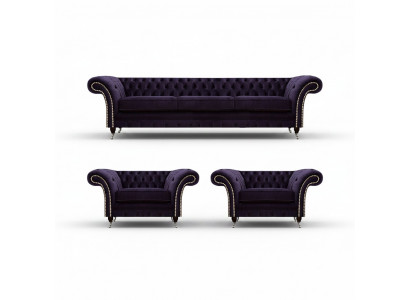 Wunnzëmmer Luxus Set 3 Stéck Ariichtung Lila Komplett Polstermöbel Chesterfield