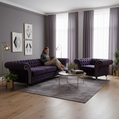 Komplett Set 2-delige Dräisëtzer Sofa Chesterfield Lila Fauteuil Wunnzëmmer Nei