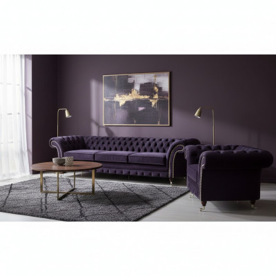 Komplett Set 2-delige Dräisëtzer Sofa Chesterfield Lila Fauteuil Wunnzëmmer Nei