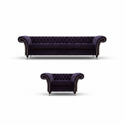 Komplett Set 2-delige Dräisëtzer Sofa Chesterfield Lila Fauteuil Wunnzëmmer Nei
