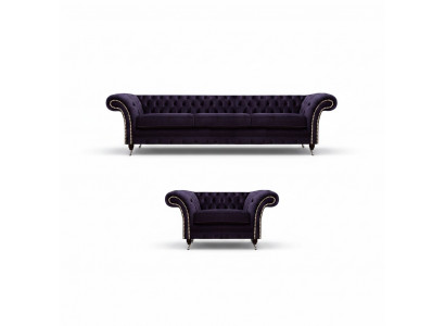 Komplett Set 2-delige Dräisëtzer Sofa Chesterfield Lila Fauteuil Wunnzëmmer Nei