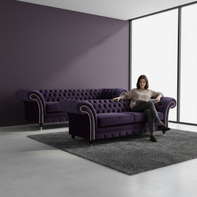 Lila Sofa Garnitur Dräisëtzer mat Zweisëtzer Sofas Luxus Chesterfield Polster.