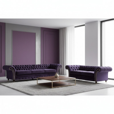 Lila Sofa Garnitur Dräisëtzer mat Zweisëtzer Sofas Luxus Chesterfield Polster.