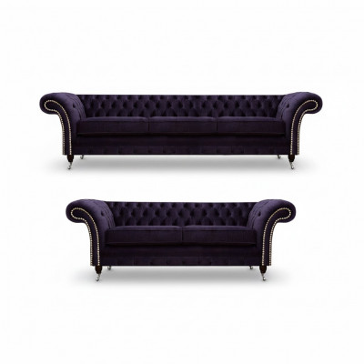 Lila Sofa Garnitur Dräisëtzer mat Zweisëtzer Sofas Luxus Chesterfield Polster.
