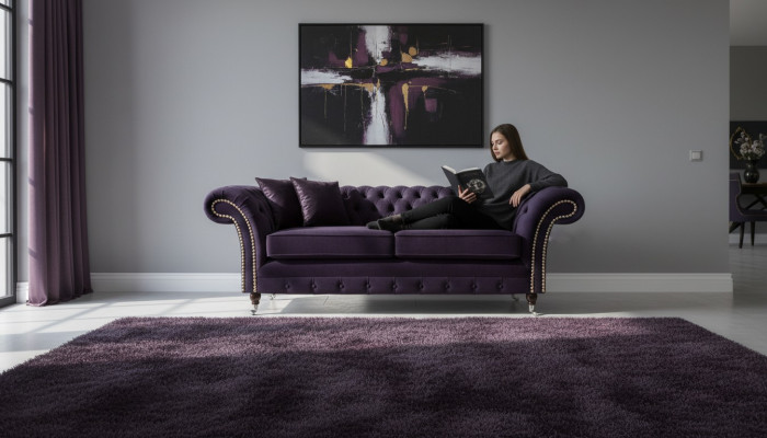 Chesterfield Lila Zweesëtzer Sofa Canapé Wunnzëmmer Nei Textilsofaen Nei