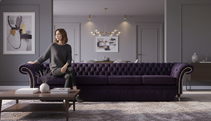 Polster Textil Lila Wunnzëmmer Chesterfield Véiersëtzer Sofa Canapé Polstermöbel