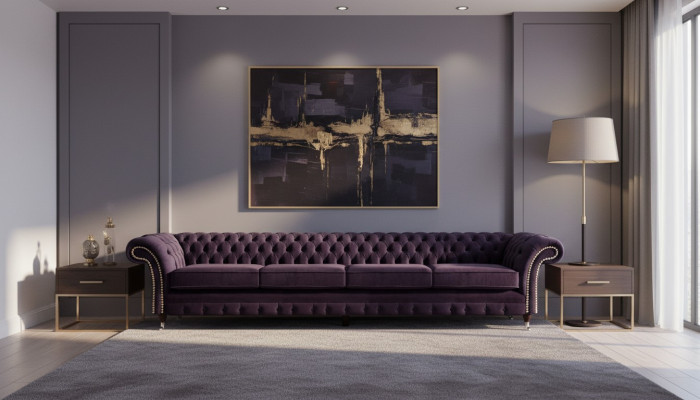 Polster Textil Lila Wunnzëmmer Chesterfield Véiersëtzer Sofa Canapé Polstermöbel