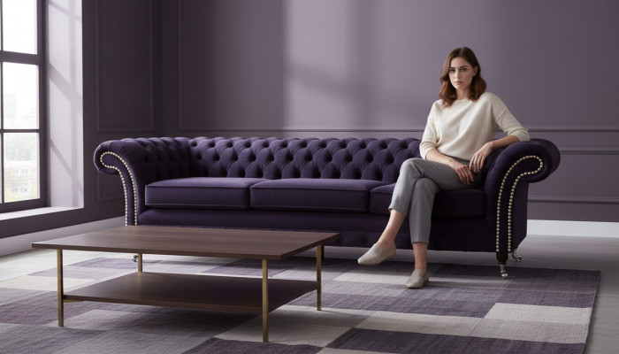 Design Chesterfield Wunnzëmmer Dräisëtzer Sofa Couch Lila Polstermöbel
