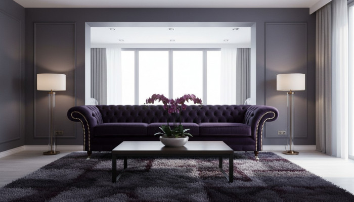 Design Chesterfield Wunnzëmmer Dräisëtzer Sofa Couch Lila Polstermöbel