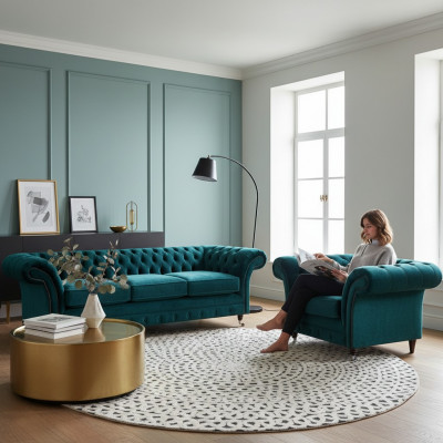 Sofagarnitur Wunnzëmmer 2tlg Dräisëtzer Couch Sofa Chesterfield Sessel